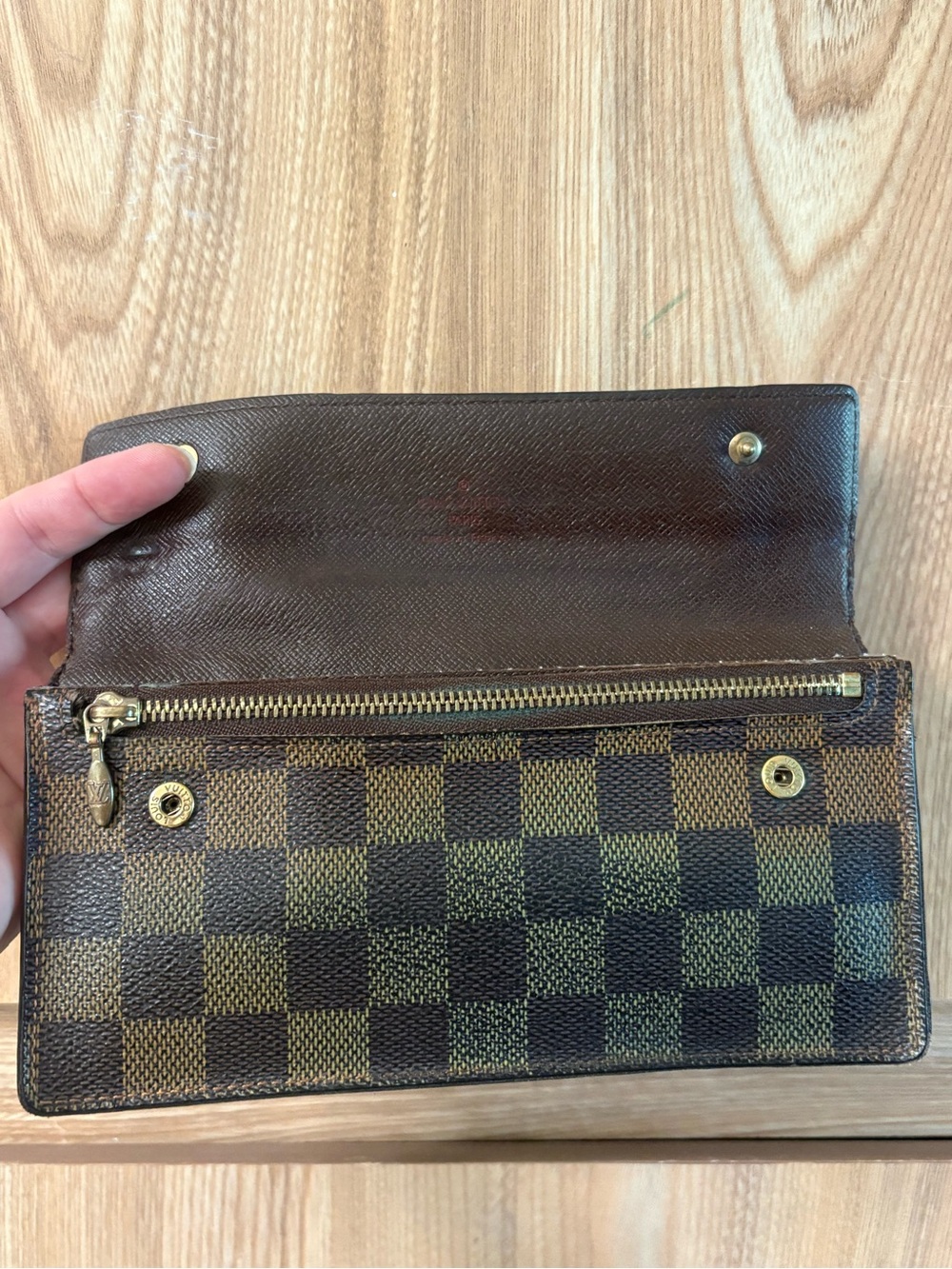 Auth Louis Vuitton Damier Ebene Accordion Long Wallet Brown LV